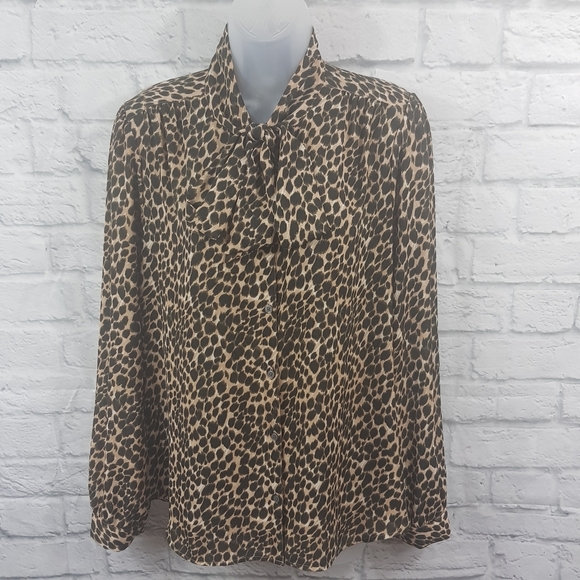 J.Crew Factory Animal Print Neck Tie Business Career Blouse - Picture 2 of 10